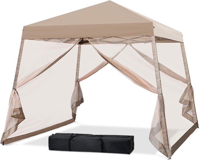 EAGLE PEAK 10x10 Slant Leg Easy Setup Pop Up Canopy Tent with Mosquito Netting 64 sqft of Shade, Beige