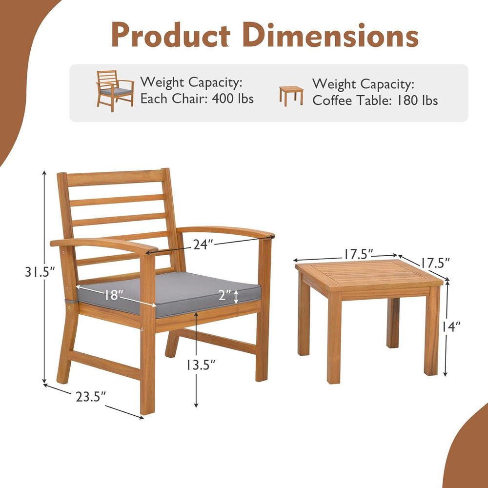 Tangkula 3 Pieces Outdoor Furniture Set, Acacia Wood Conversation Set with So...