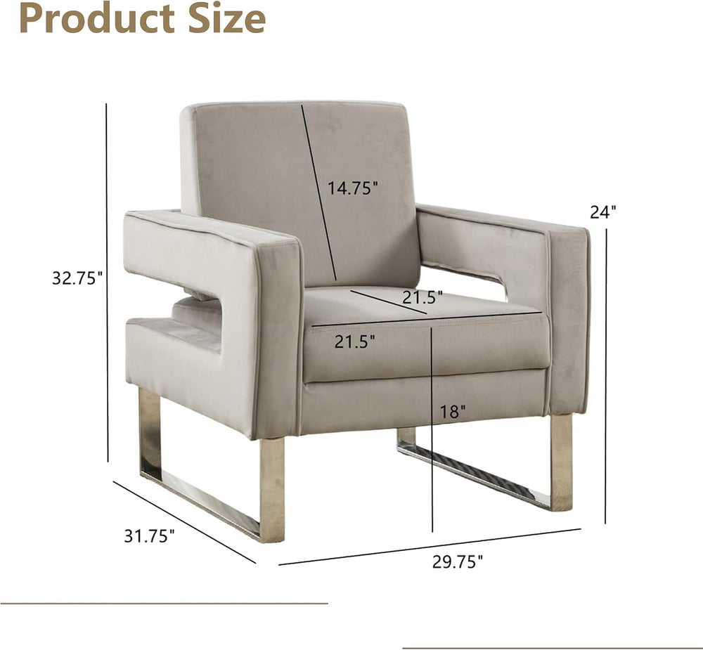 Velvet Accent Chair, Modern Armchair with Silver Base, Grey