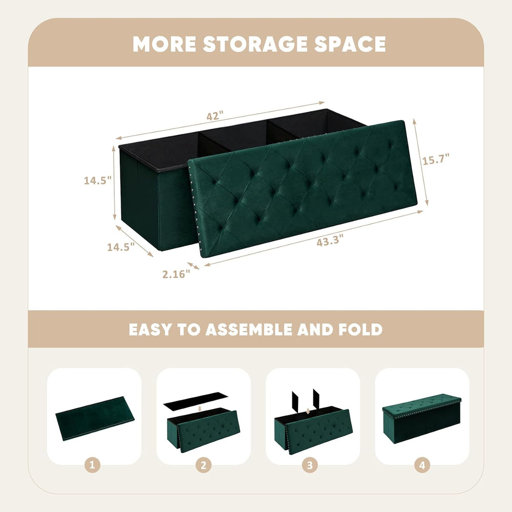 PINPLUS Folding Storage Ottoman Bench, Green Velvet