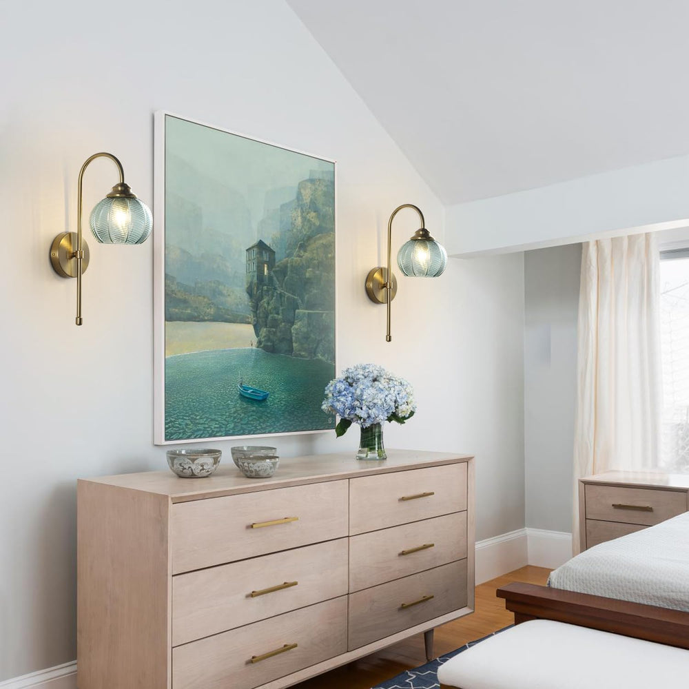 KCO Lighting Brushed Gold Wall Sconce Light Set of 2 Vintage Green Glass Wall...