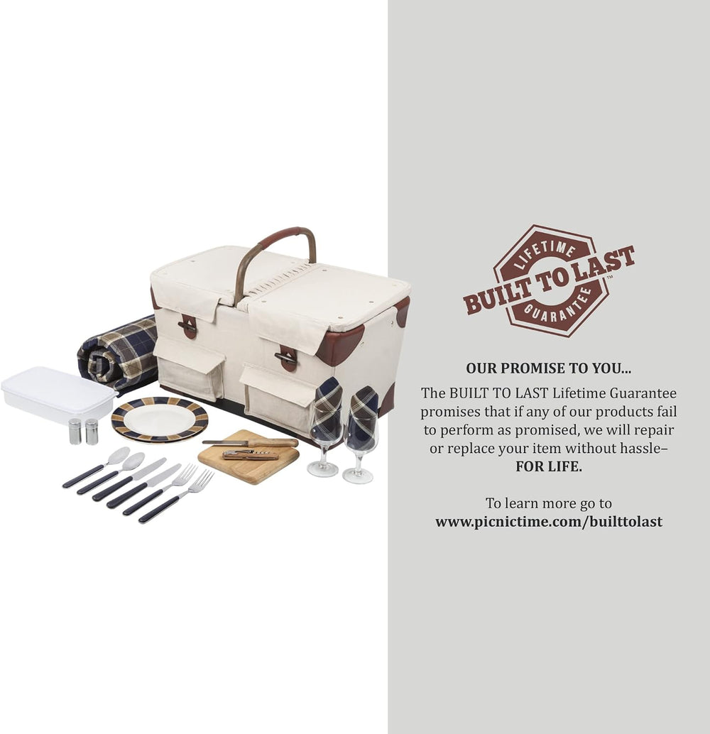 PICNIC TIME Pioneer Deluxe Picnic Basket, Romantic Vintage Wood-Framed Basket...
