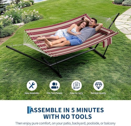 Garvee 2-Person Hammock with Stand for Outside–450lbs, Balance Rope, Pillow