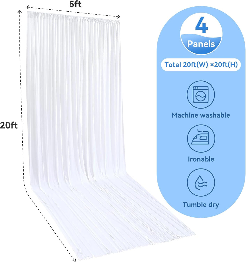 4 Panels 5x20ft White Ceiling Drapes for Wedding Parties, Wrinkle Free 20ft L...