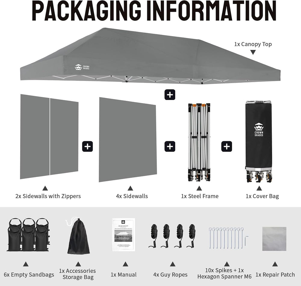 CROWN SHADES 10x20 Pop Up Canopy Tent, Event Shelter, Gray