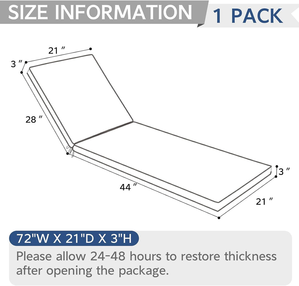 Outdoor Chaise Lounge Cushion 72 x 21 x 3 Inch, Fade Resistant & Waterpro...