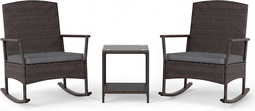 ORALNER 3 Pieces Patio Rocking Chair, Wicker Bistro Set w/Cushions (Gray)