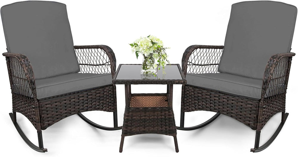 LEVELEVE 3 pcs Rocking Bistro Set Conversation Chairs PE Wicker Outdoor Rocki...