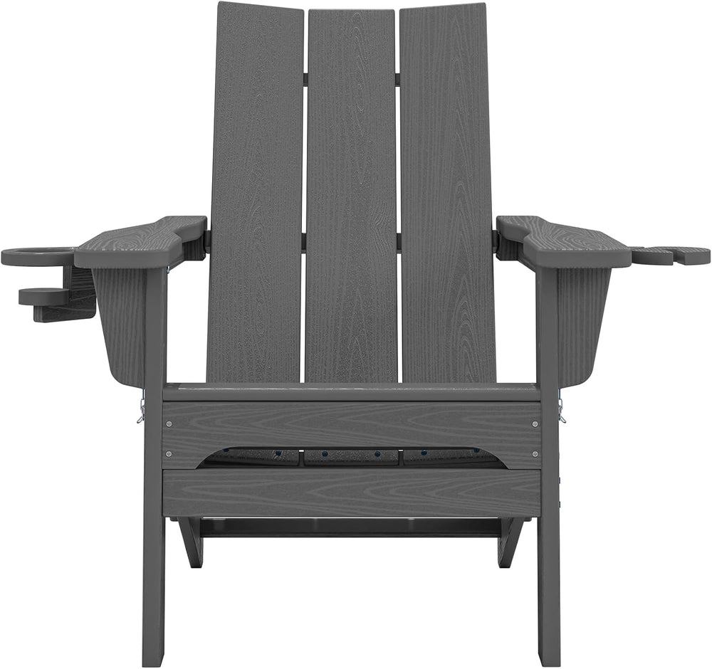 SERWALL HDPE Modern Folding Adirondack Chair with Dual Cup Holder, Gray