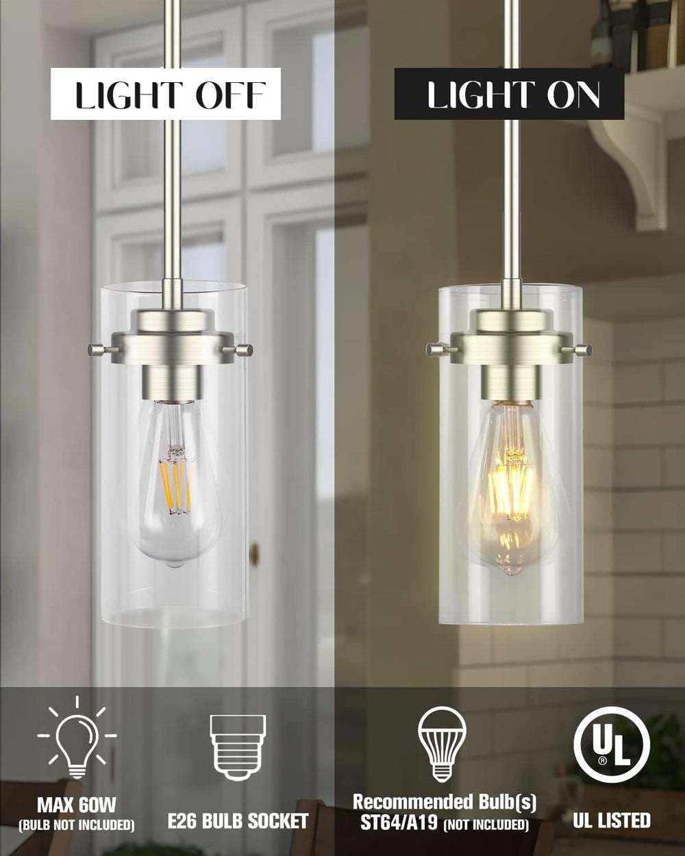EAPUDUN Pendant Light (2 Packs), Kitchen Ceiling Hanging Light, Adjustable He...
