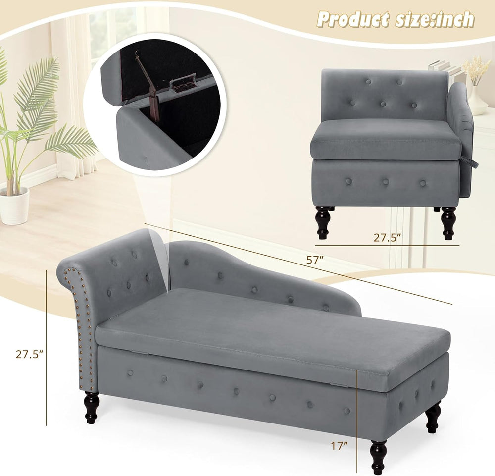 Velvet Chaise Lounge w/Left Armrest & Storage Space, Grey