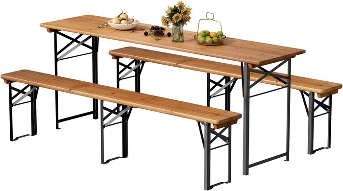 VINGLI 70 Inch Folding Picnic Tables with Benches Set, Weather-Resistant Wooden Beer Garden Table Bench, 3-Piece Portable Fold Up Camping BBQ Table,Walnut Color