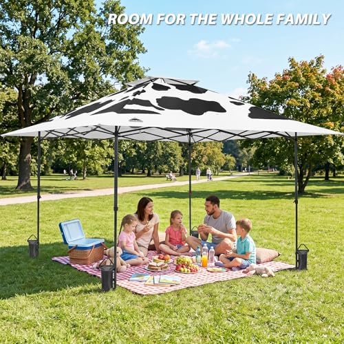 EAGLE PEAK 13x13 Pop Up Canopy Tent, Auto Extended Eaves, Cow Print