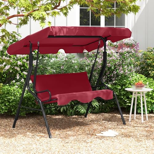 Tangkula 3 Person Porch Swing with Cushions & Canopy, Wine
