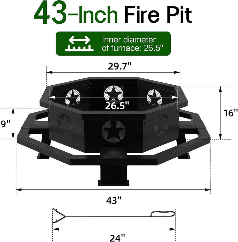 43 inch Large Fire Pit, Outdoor Fire Pit with Heavy Duty Construction, Wood B...