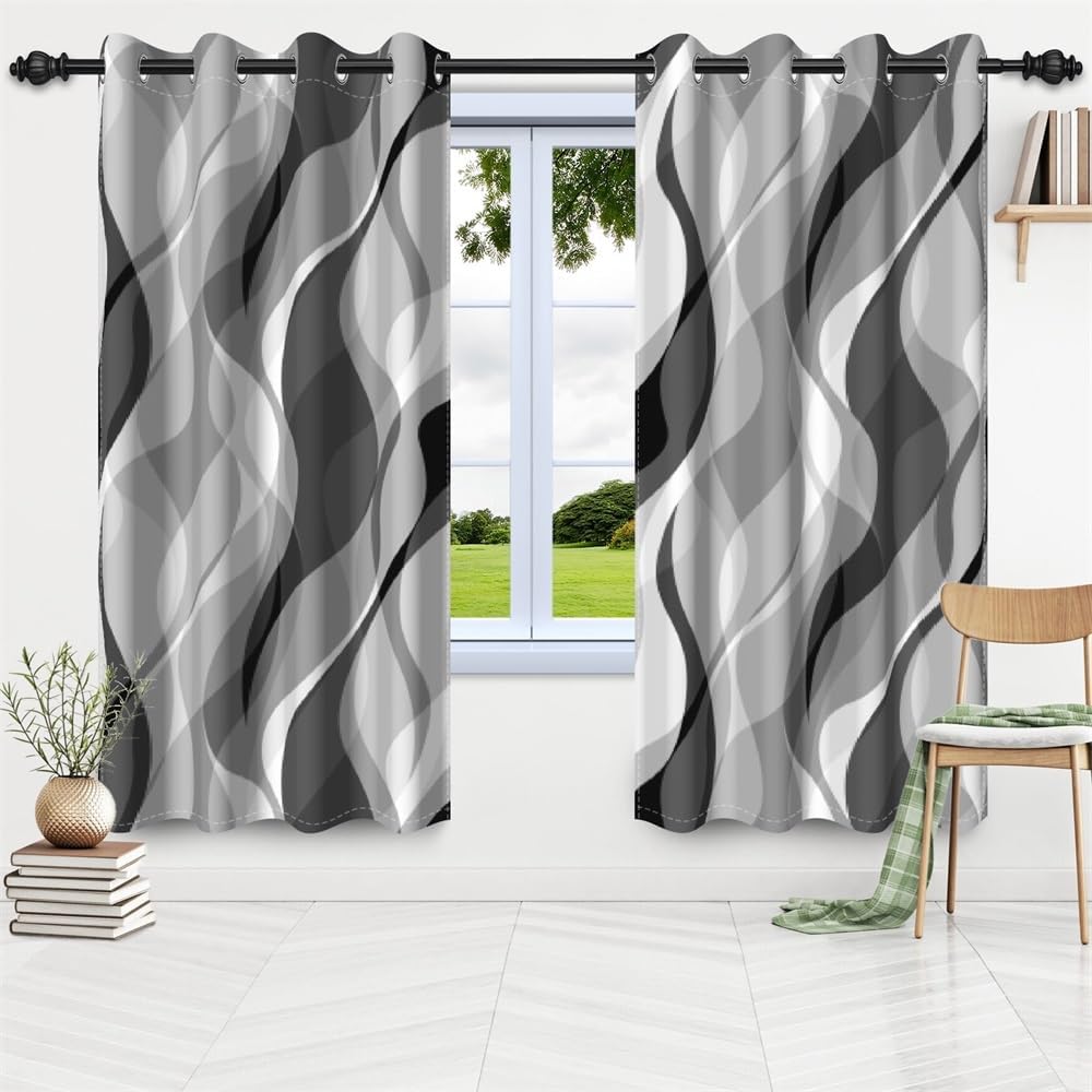 Modern Abstract Grey Striped Blackout Curtains Black and Grey Ombre Window Cu...