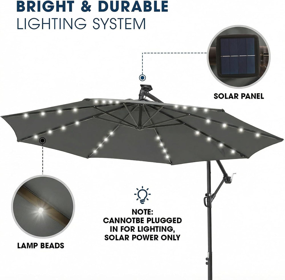 wikiwiki 10ft Solar LED Offset Patio Umbrella, Outdoor Cantilever Patio Umbre...