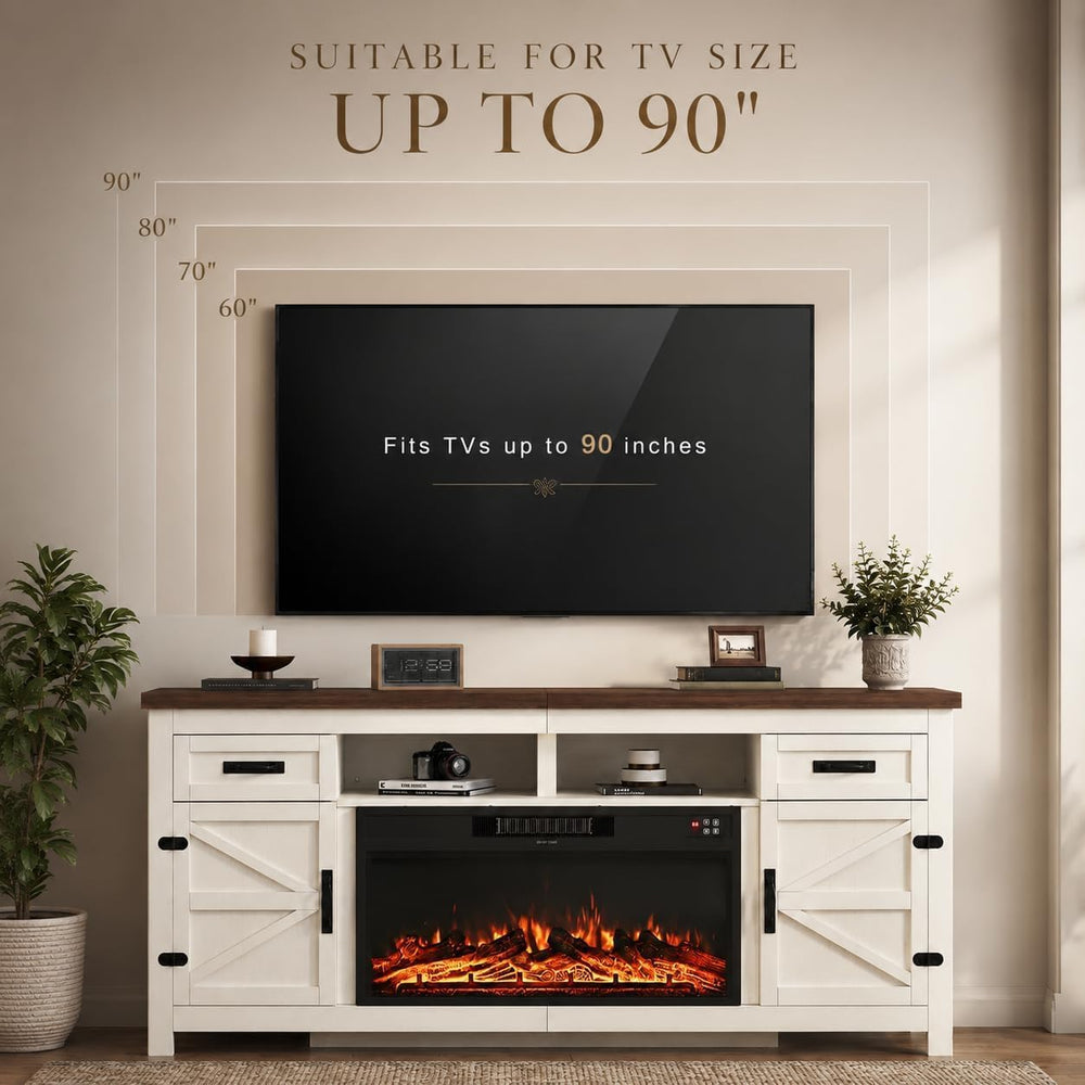 Fireplace TV Stand with Barn Door, 80 inch,Modern White