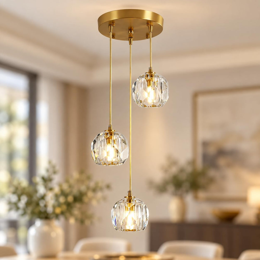 3-Light Crystal Cluster Pendant, Gold Mid Century Chandelier