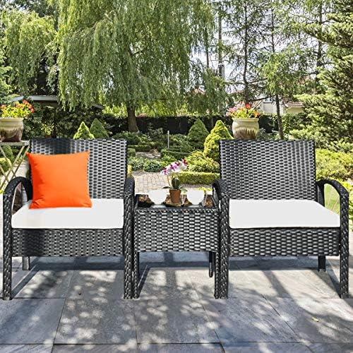 Tangkula 3 Piece Patio Conversation Set, Outdoor Rattan Sofa Set with White S...