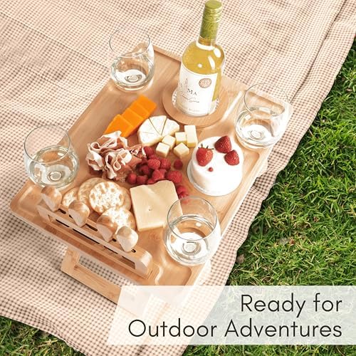 Charcuterie Picnic Table with Wine Glass Holder, Portable Wine & Cheese B...