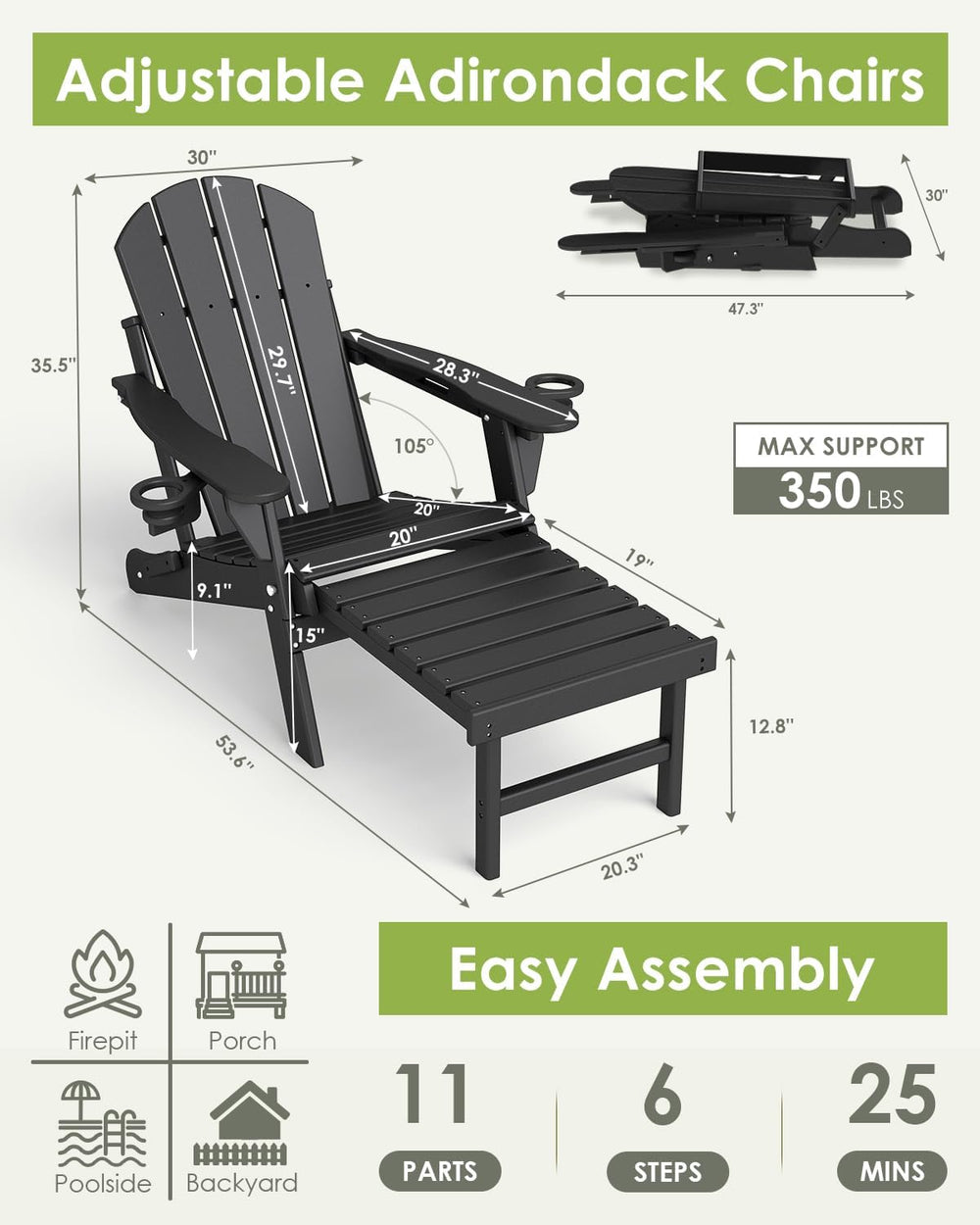 GREENVINES Adjustable Adirondack-Chairs-with-Ottoman Set of 2, HDPE, Black