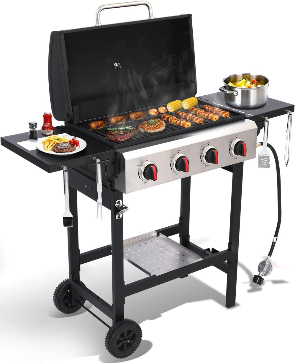 4 Burner Propane Gas Grill, Portable BBQ Grill with Cast Iron Grate & Gri...