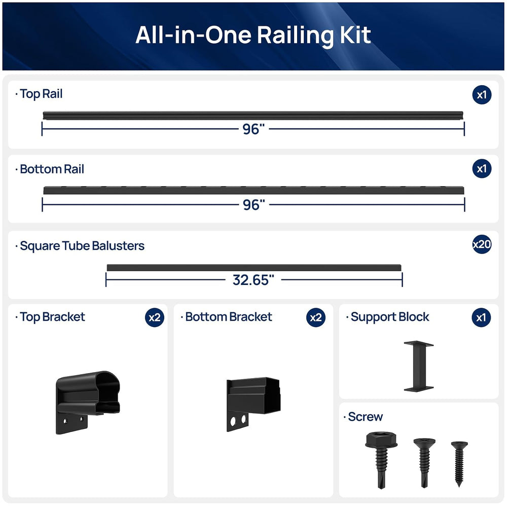 Egadis 1 Pack 36 in x 8 ft Aluminum Porch and Deck Railing Kit Without Post