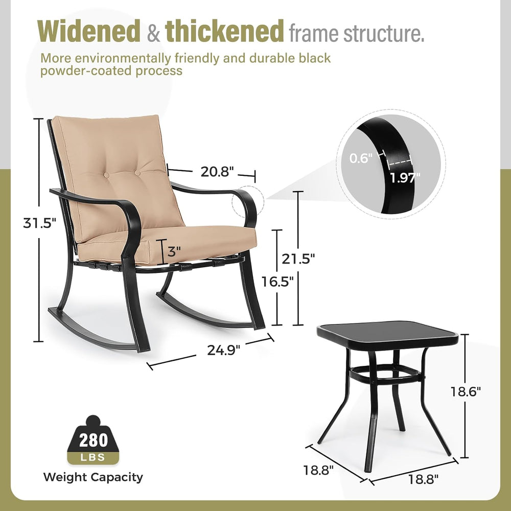 SOLAURA 3-Piece Outdoor Rocking Chairs Bistro Set, Black Iron Patio Furniture...