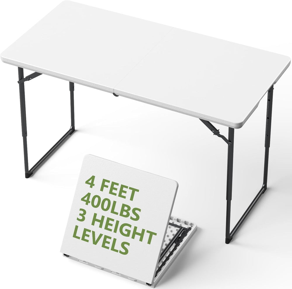 Folding Table, 4 FT Foldable Plastic Table with Adjustable Height, Heavy Duty...