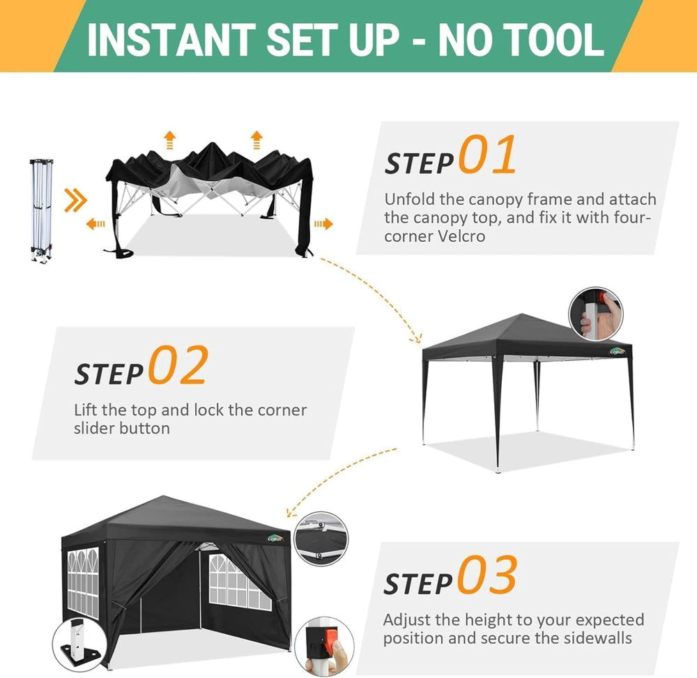 COBIZI 10x10 Pop Up Canopy with 4 Sidewalls, One Push Easy Setup, Black