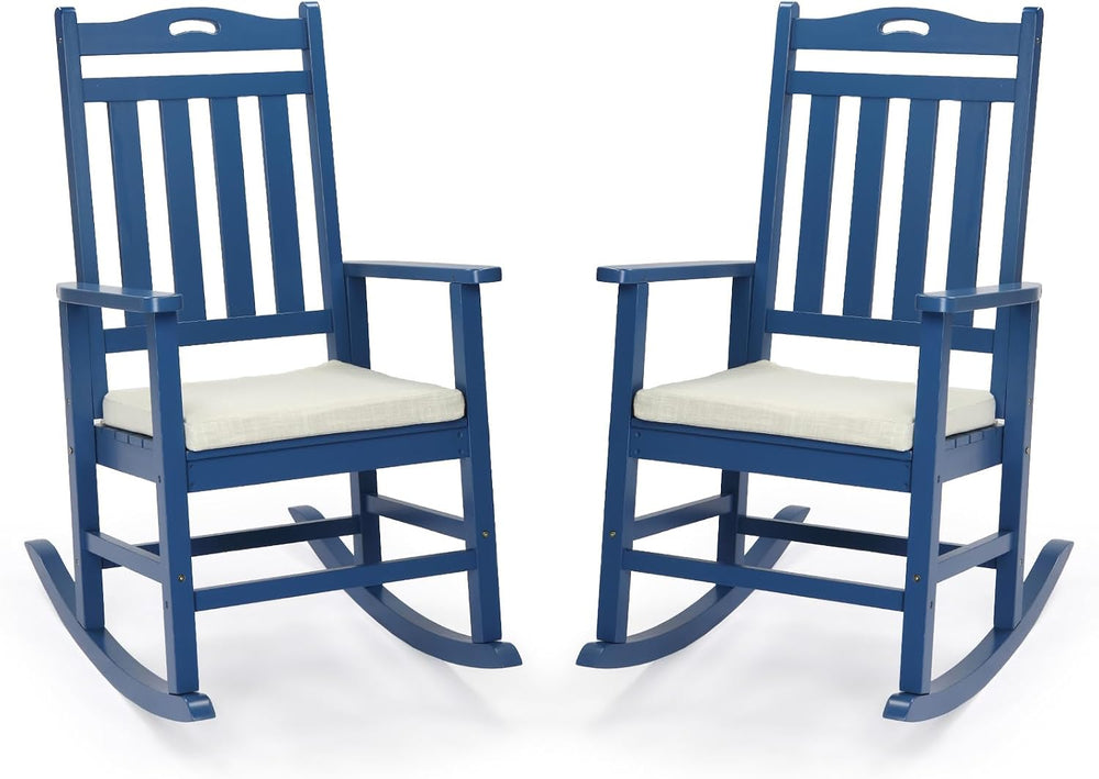 VINGLI Outdoor Rocking Chair Set of 2 Wood Rocking Chair with Cushion Blue