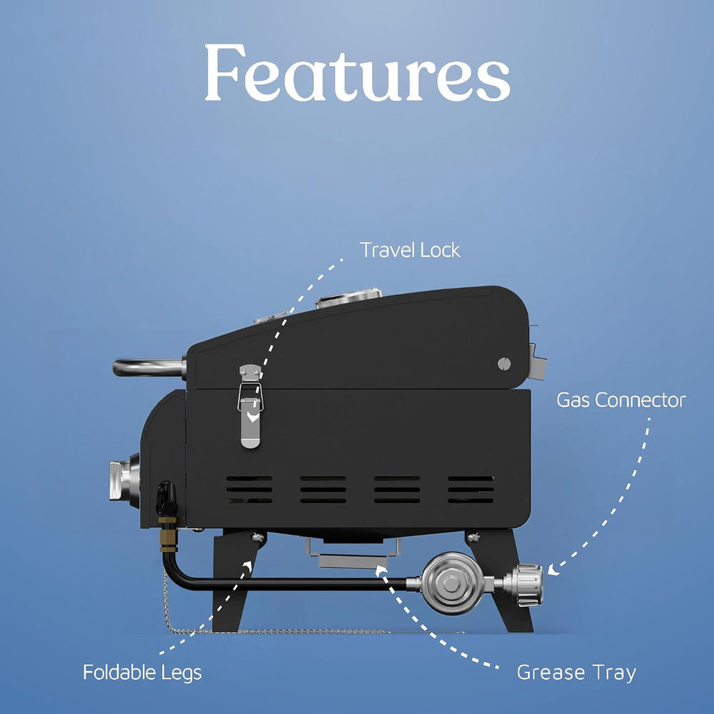 Black Portable Gas Grill, Dual 10,000 BTU Burners, 275 Sq.In Cooking Space, P...