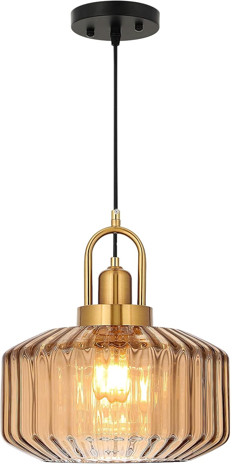 11.8in Mid Century Modern Pendant Light, Gold Large Amber Glass
