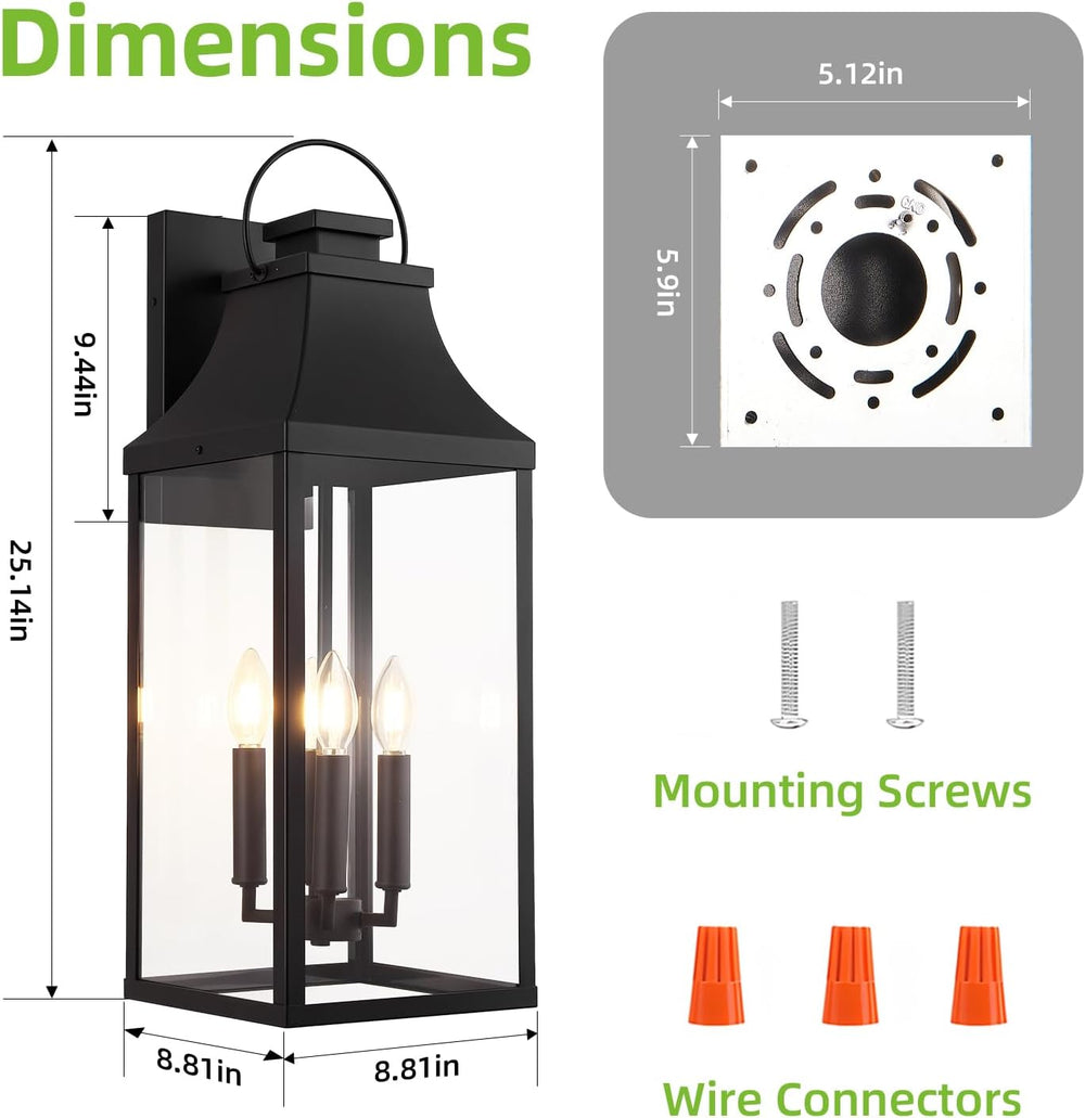 25'' Large Outdoor Wall Lights, Modern Black Exterior Sconce Light Fi...