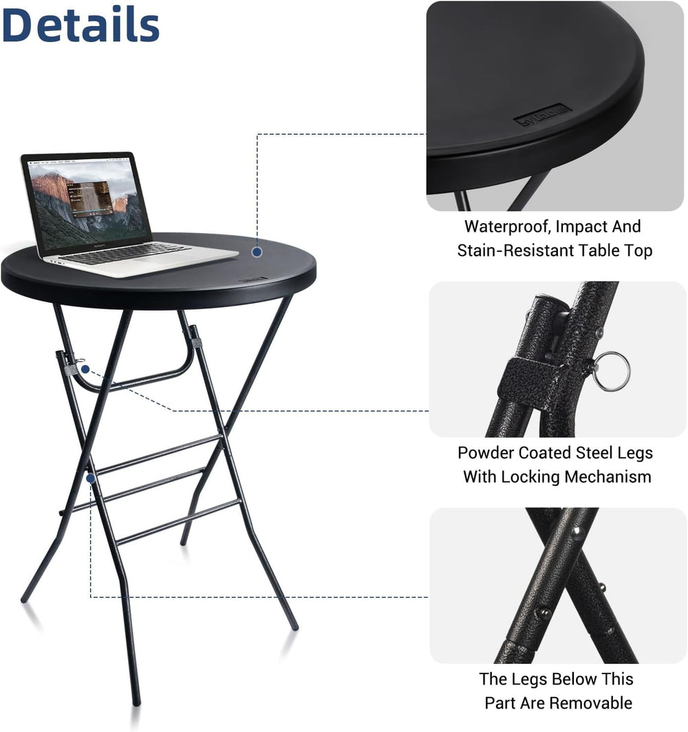 Byliable 28in Folding Cocktail Table, Round Bar Height Table, Black 2-Pack