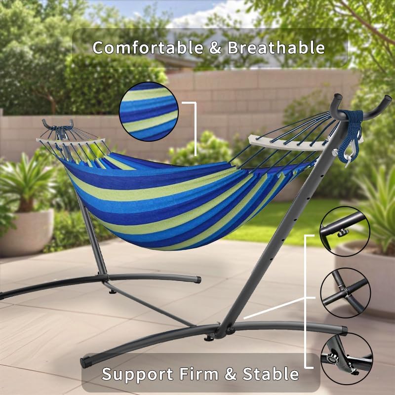 ANAGOO 2 Person Hammock with Stand, 500 lb Indoor Outdoor, Wide Blue