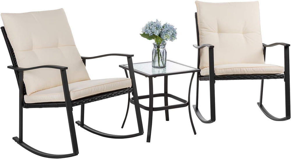 Vongrasig 3 Piece Outdoor Rocking Chair Set, PE Wicker Rattan Small Bistro Se...