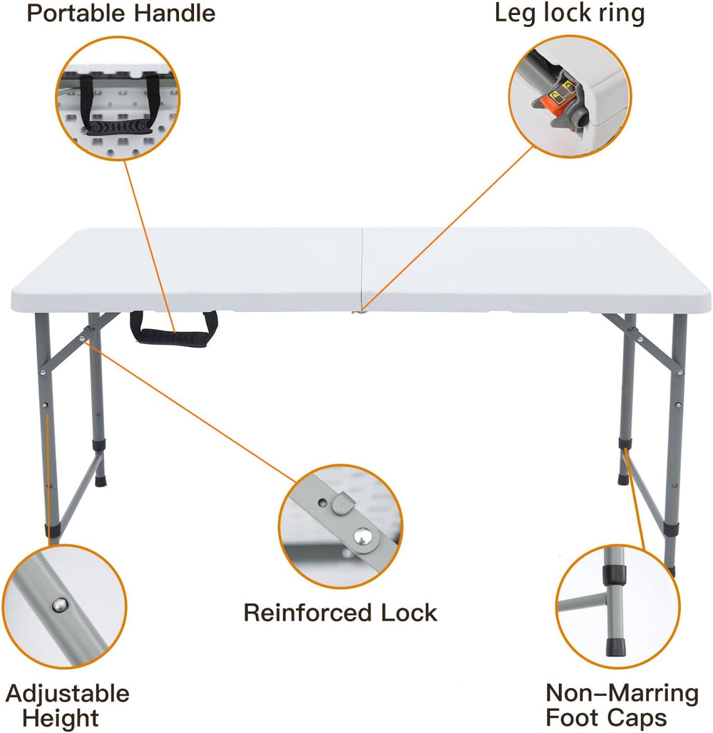 Lakhow Folding Table 4 Foot Adjustable Height with Built in Handle, White