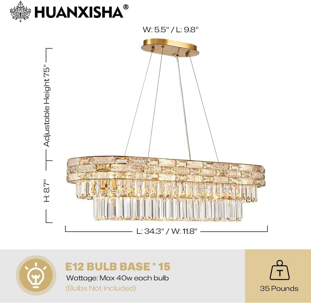 34.3" L Modern Crystal Chandeliers for Dining Room 12 Lights Gold Chande...