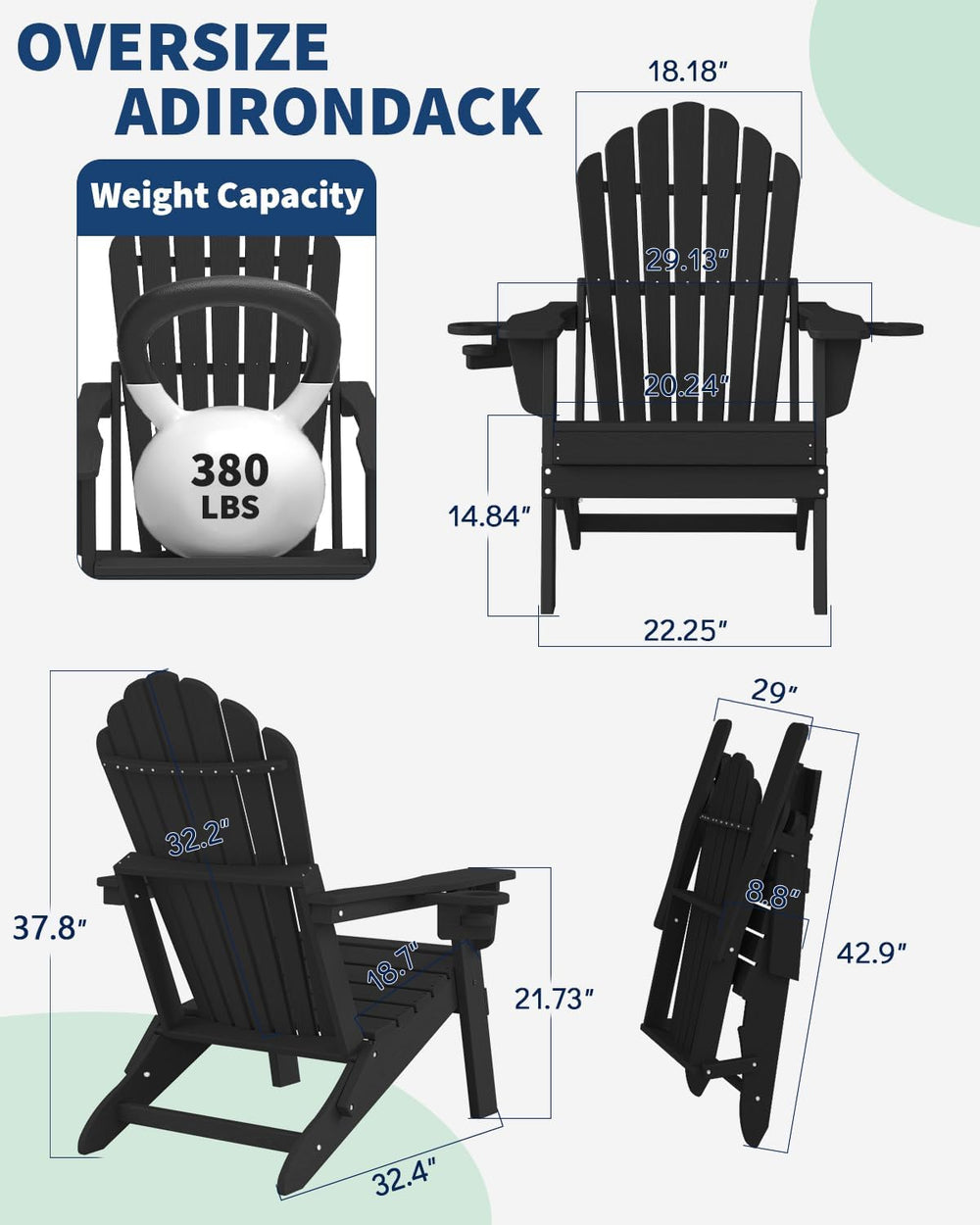 Plawdlik HDPE Folding Adirondack Chair Set of 2, Heavy Duty Outdoor Patio Cha...