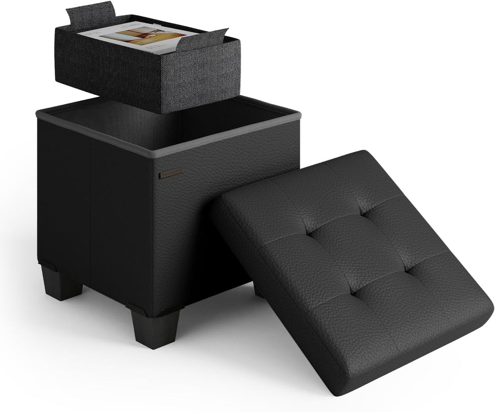 Storage Ottoman Cube with Small Bin, 15-in Square Ottoman with Storage for Li...