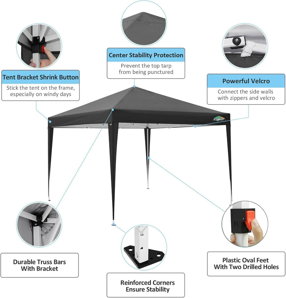 COBIZI 10x10 Pop Up Canopy with 4 Sidewalls, One Push Easy Setup, Black