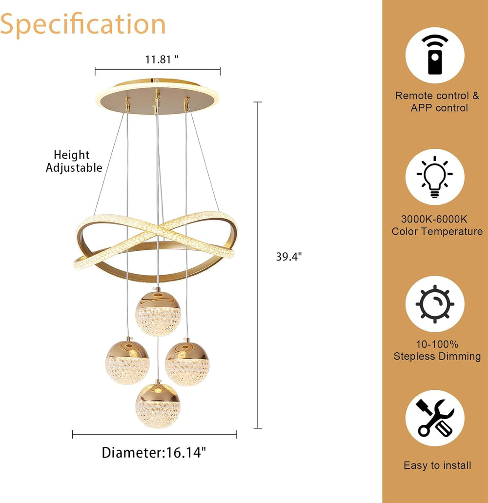 Gold LED Chandeliers, 3-Color Dimmable Pendant Light Dining Room Light Fixtur...