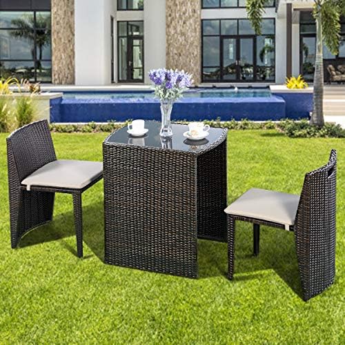 GIANTEX 3 PCS Cushioned Outdoor Wicker Patio Set Convention Bistro Set Garden...
