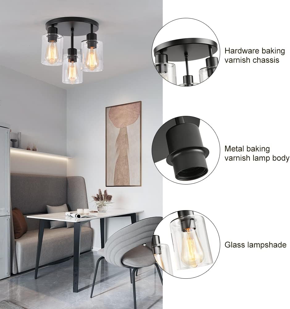3-Light Industrial Farmhouse Black Matte Light Fixtures Ceiling Mount, with C...