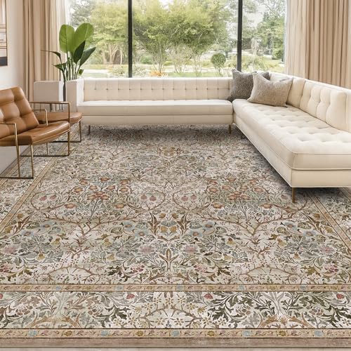 Washable 9x12 Living Room Rug - Moss Brown Floral Area Rug for Dining Room Un...
