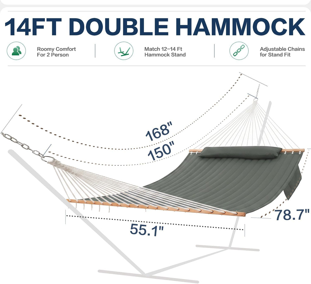 GAFETE 14FT 2 Person Family Hammock for Outside with Soft Pillow, Oversized