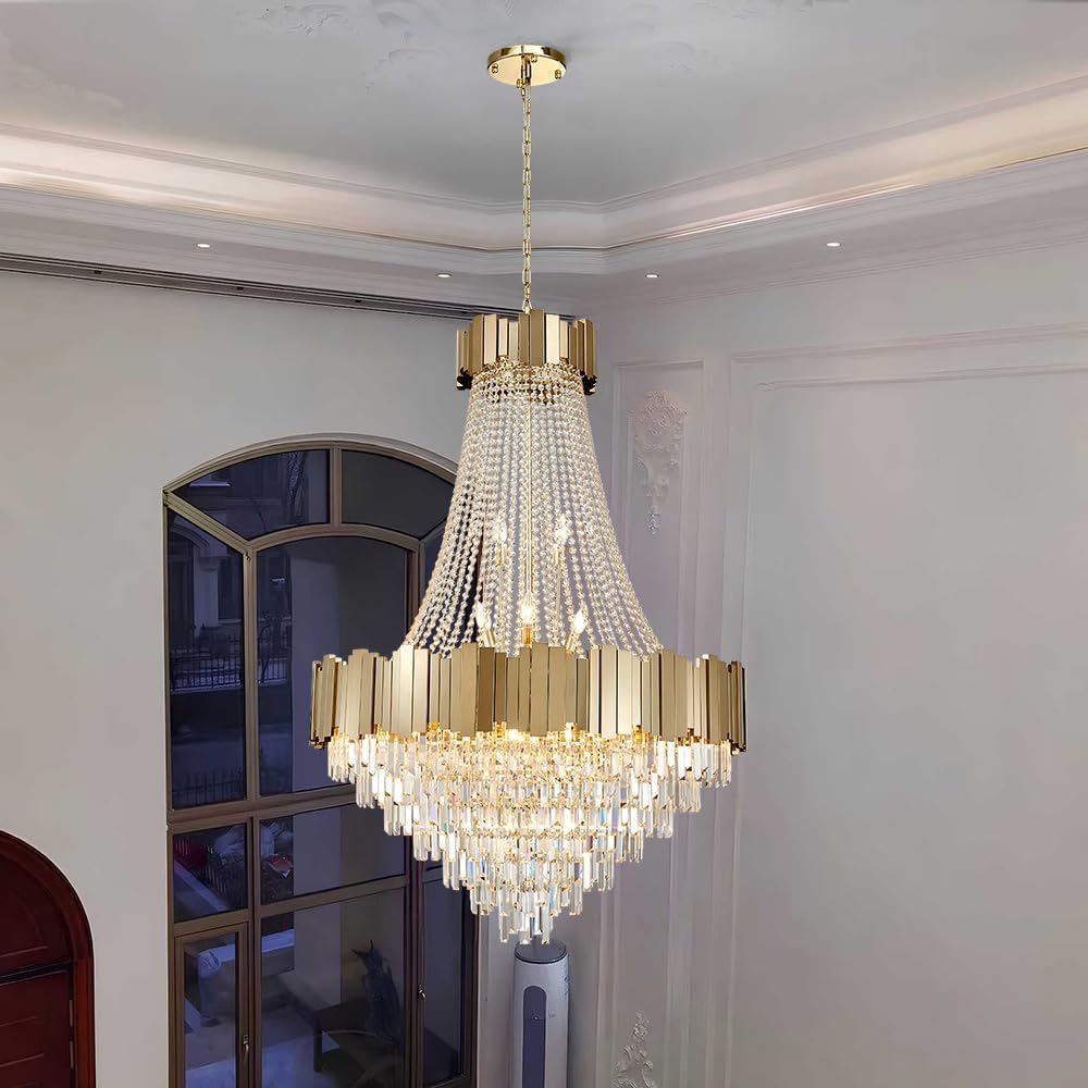 Crystal Chandeliers for High Ceilings 27-Light Modern Chandelier Large Gold C...