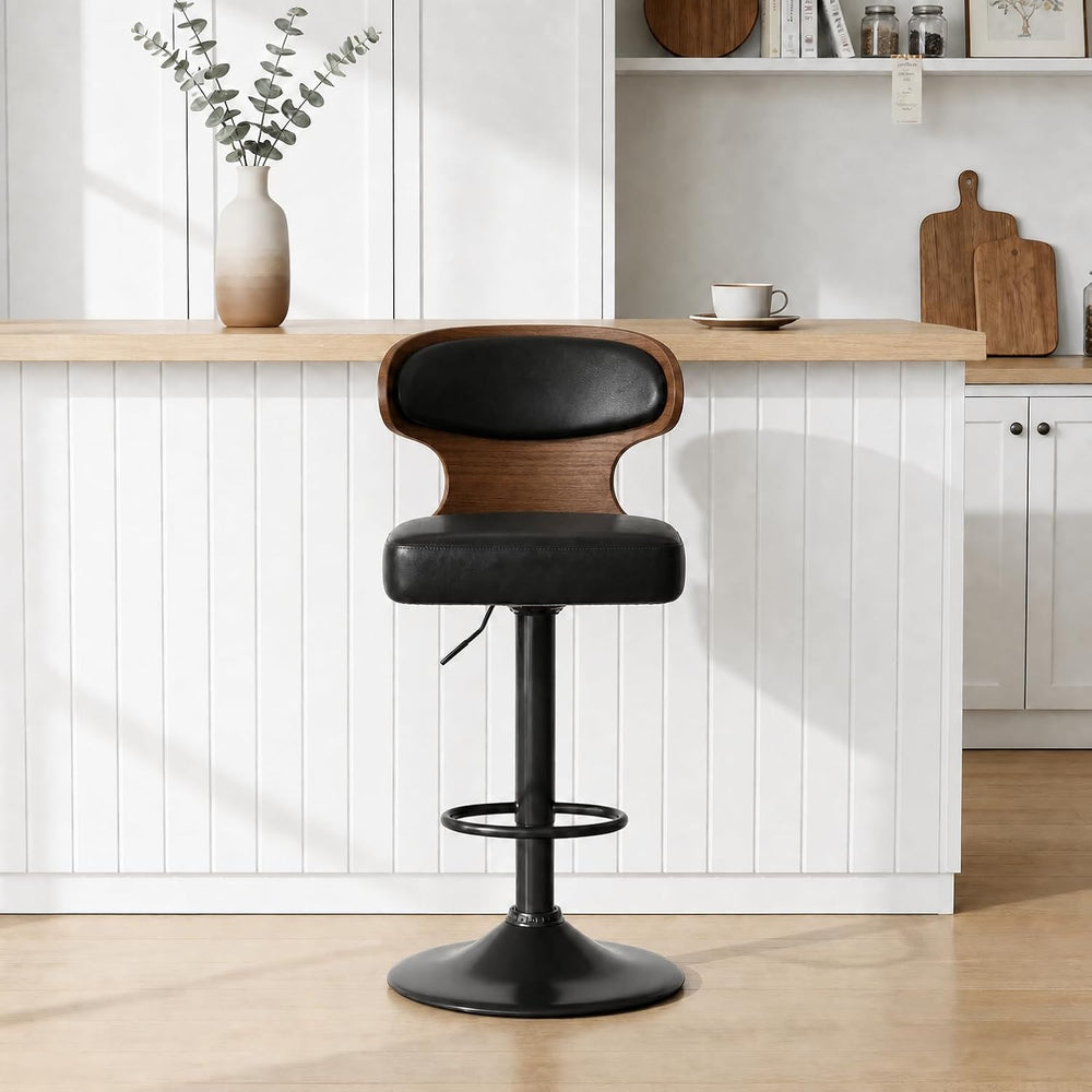 Bar Stool, 360° Swivel Barstools with Solid Wood Back and Footrest, Leather A...
